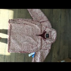 Red fuzzy quarter zip sweatshirt